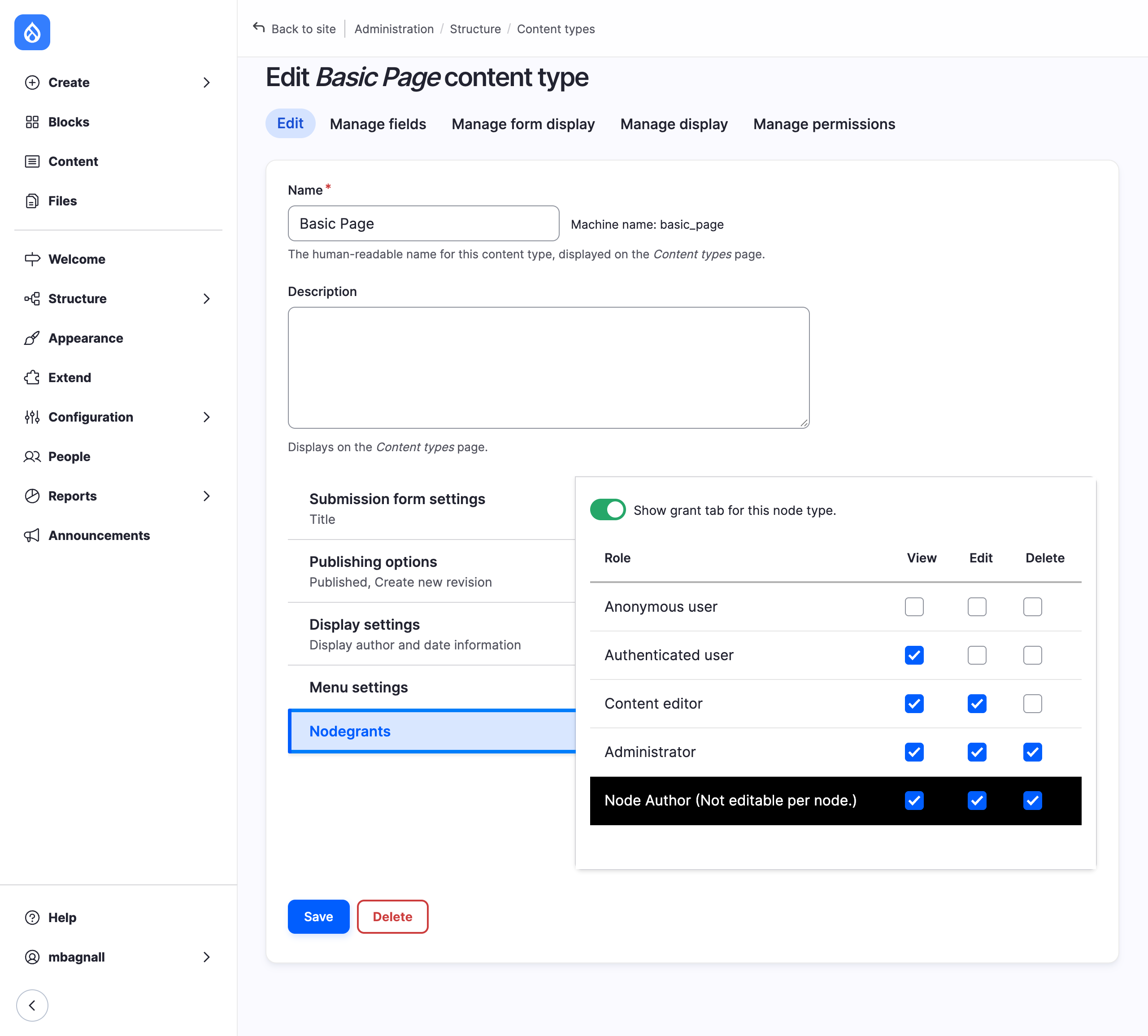 The content type edit form with the Nodegrants tab selected
