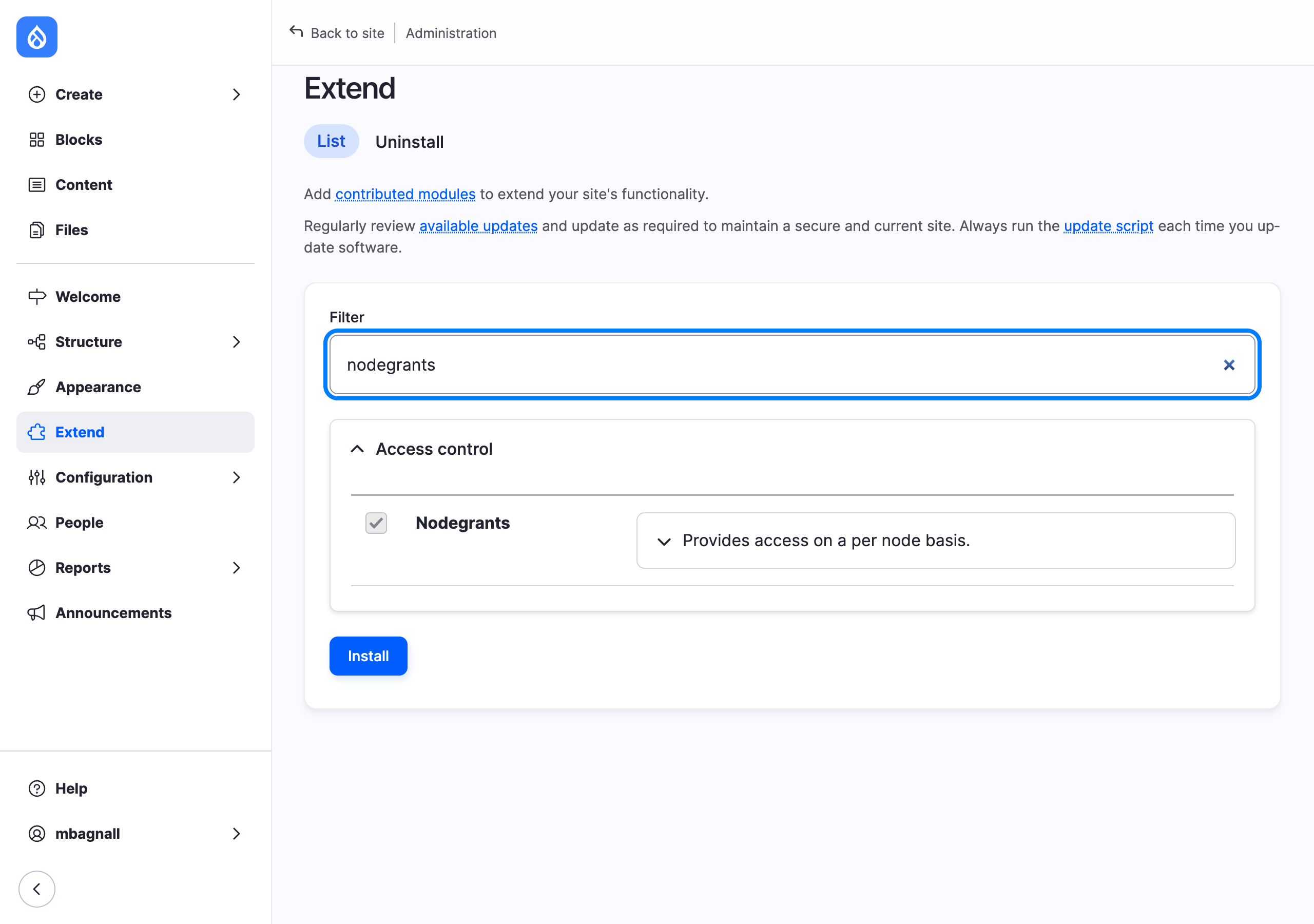 The Extend page filtered to show the Nodegrants module