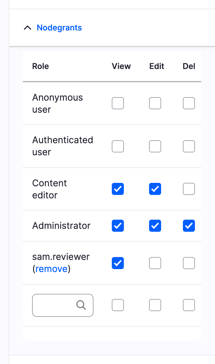 The Nodegrants pane on an existing node, with role rows, a user row and the search field
