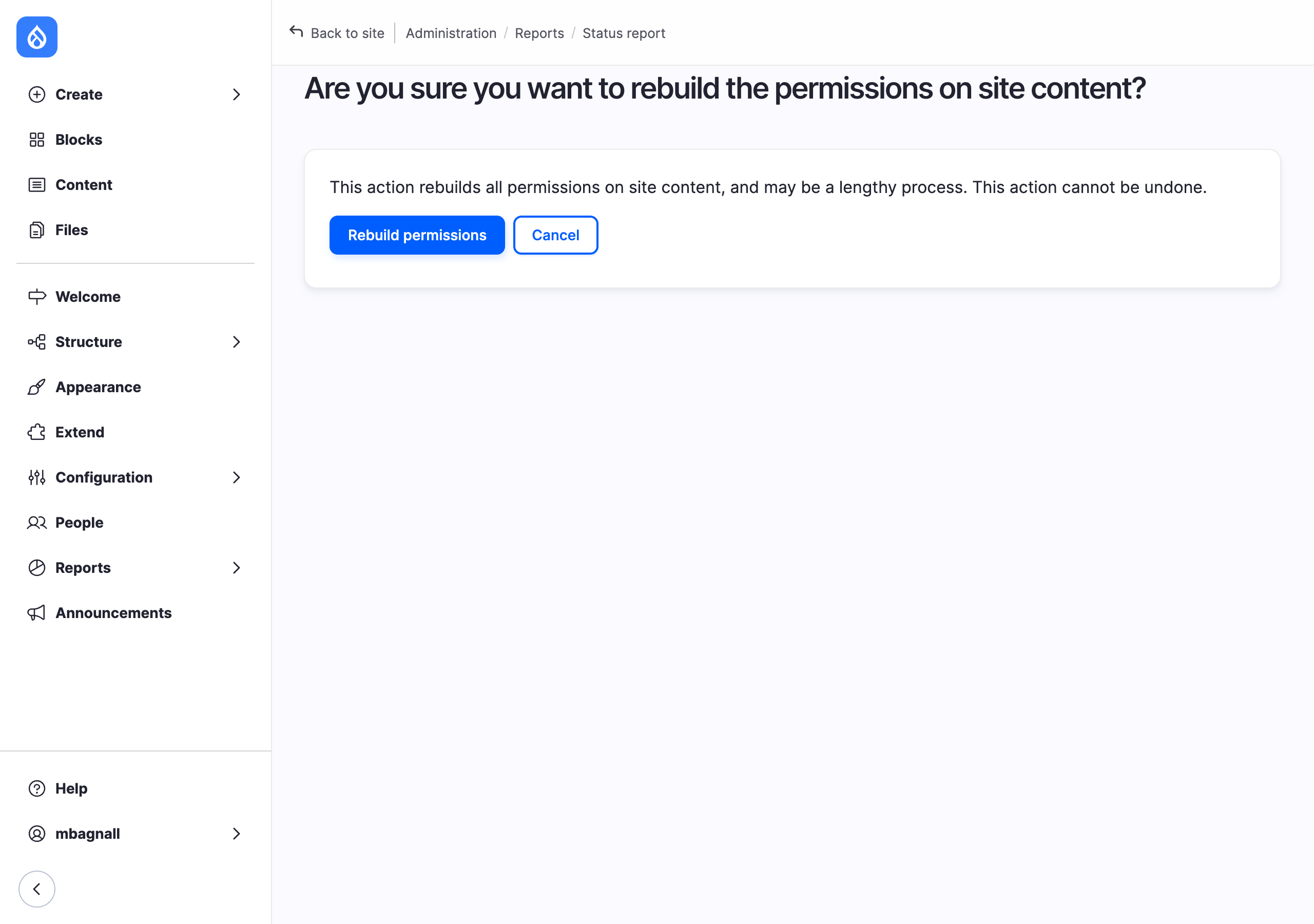 The confirmation form for rebuilding permissions