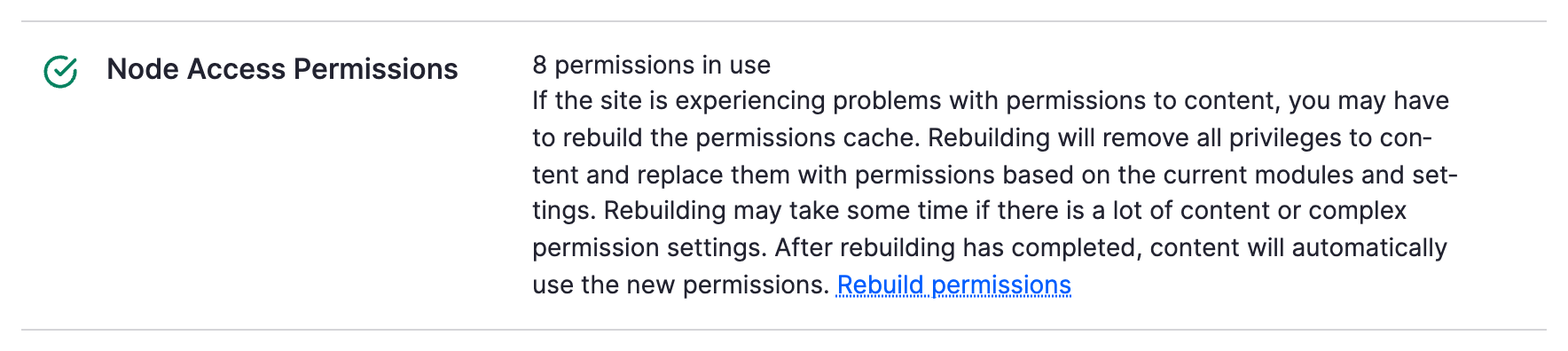 The Node Access Permissions row of the status report with its Rebuild permissions link